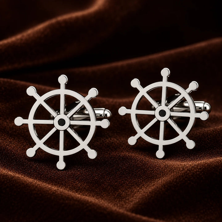 Ship Wheel Cufflinks Silver – Nautical Cufflinks for Men in Mirror-Polished Brass | Set of 2 with Gift Box