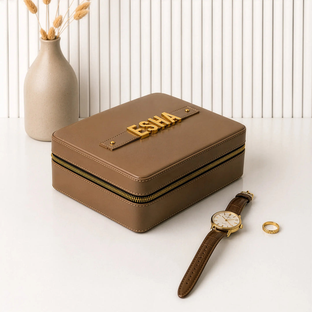 The Letter Watch Organiser – Personalised 8-Slot Watch Box with Gold Letters, Vegan Leather &amp; Suede