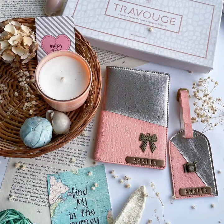 Personalised Passport Cover &amp; Luggage Set - Silver &amp; Pink - TPC Gifts