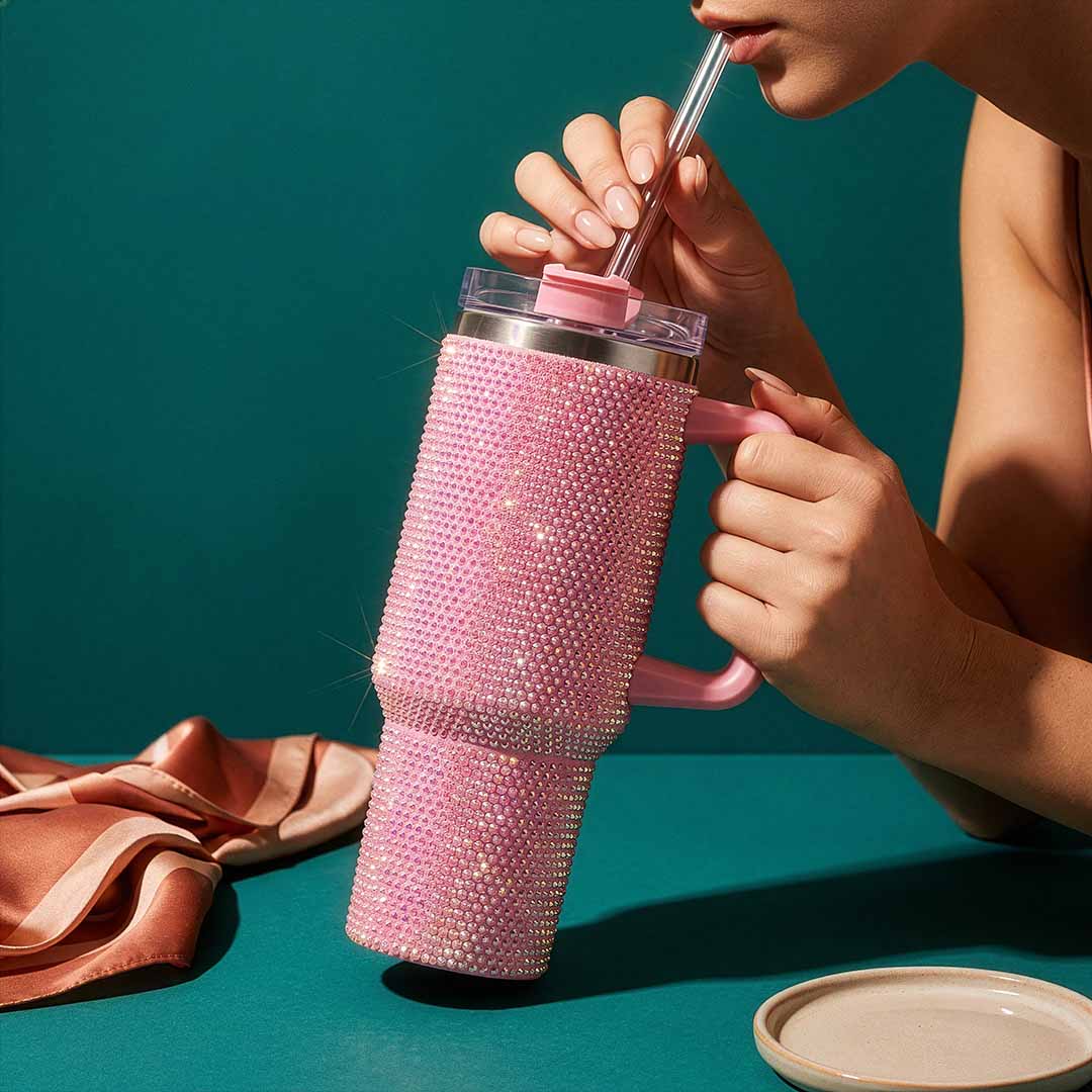 Lifestyle image of TPC Gifts pink rhinestone bling tumbler, insulated stainless steel sipper with straw lid and ergonomic handle