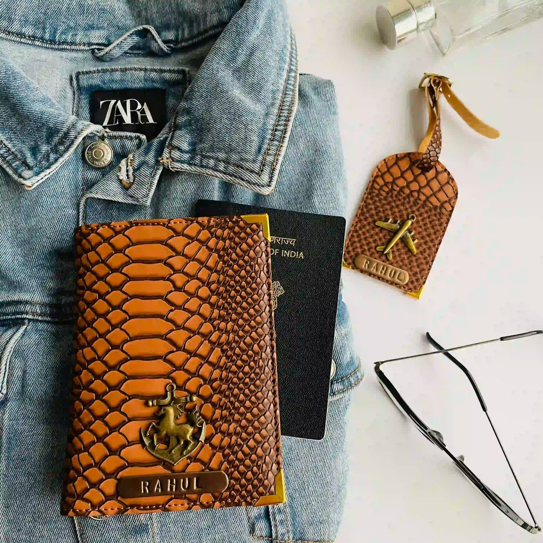 Tan Brown Snake Texture Passport Cover &amp; Luggage Tag