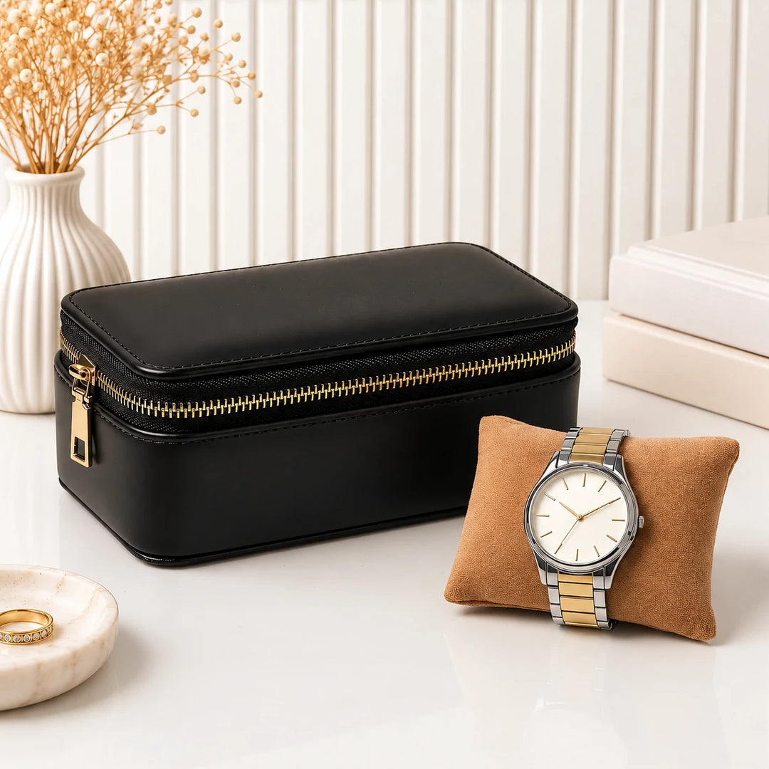 The Duo Watch Case – 2 Watch Travel Organiser in Vegan Leather, Gold Zip &amp; Removable Pillows