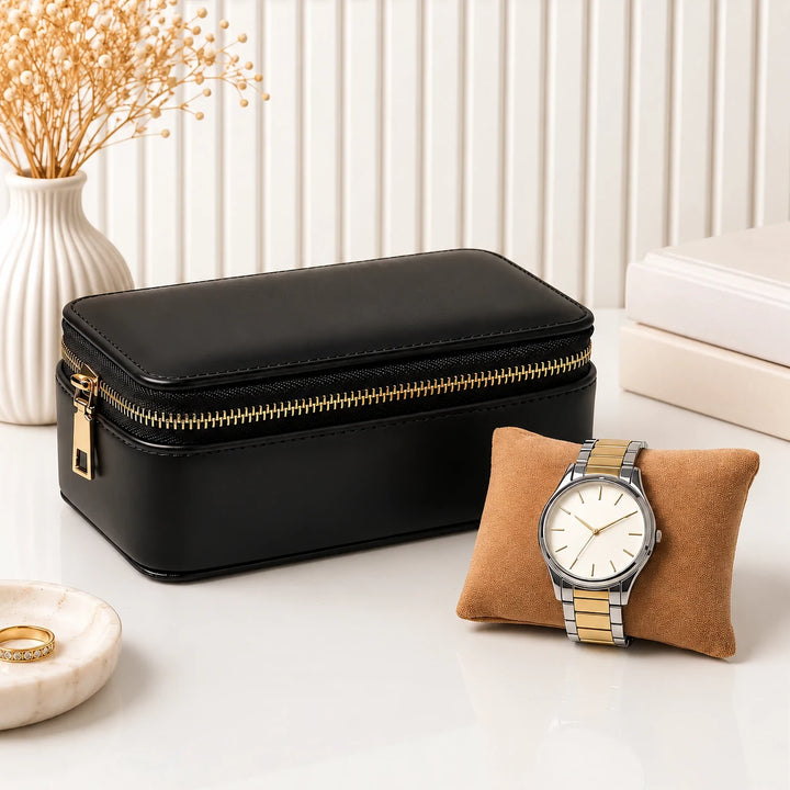 The Duo Watch Case – 2 Watch Travel Organiser in Vegan Leather, Gold Zip &amp; Removable Pillows