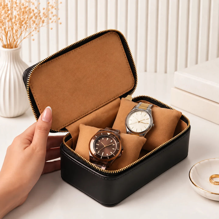The Duo Watch Case – 2 Watch Travel Organiser in Vegan Leather, Gold Zip &amp; Removable Pillows