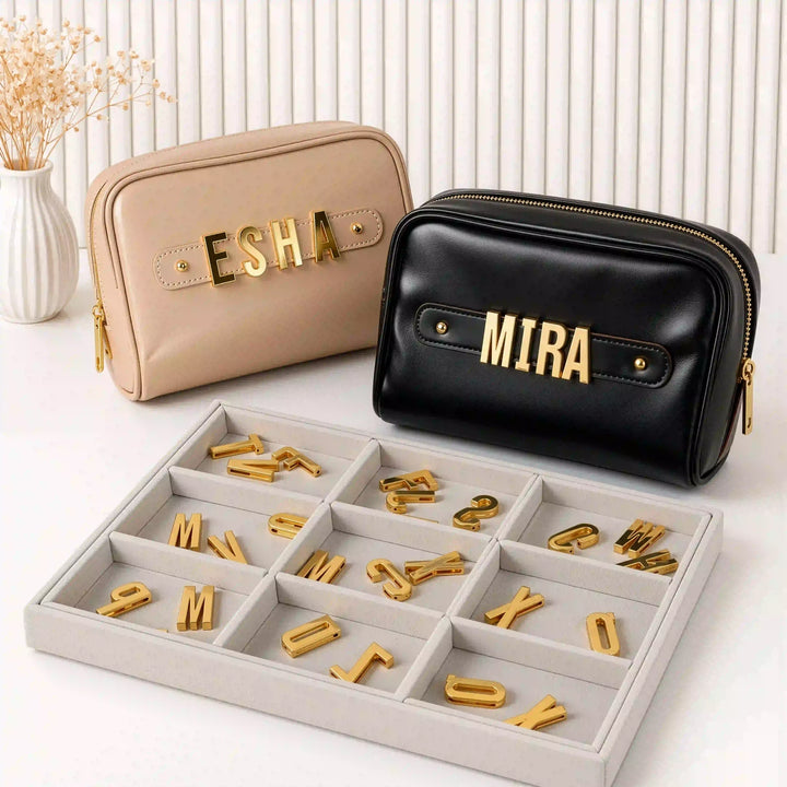 The Letter Pouch – Personalised Vanity &amp; Makeup Pouch with Gold Metal Letters, Vegan Leather