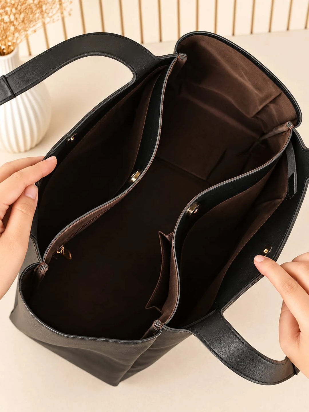 The Letter Tote – Personalised Vegan Leather Tote Bag with Gold Metal Letters, Organised Interior