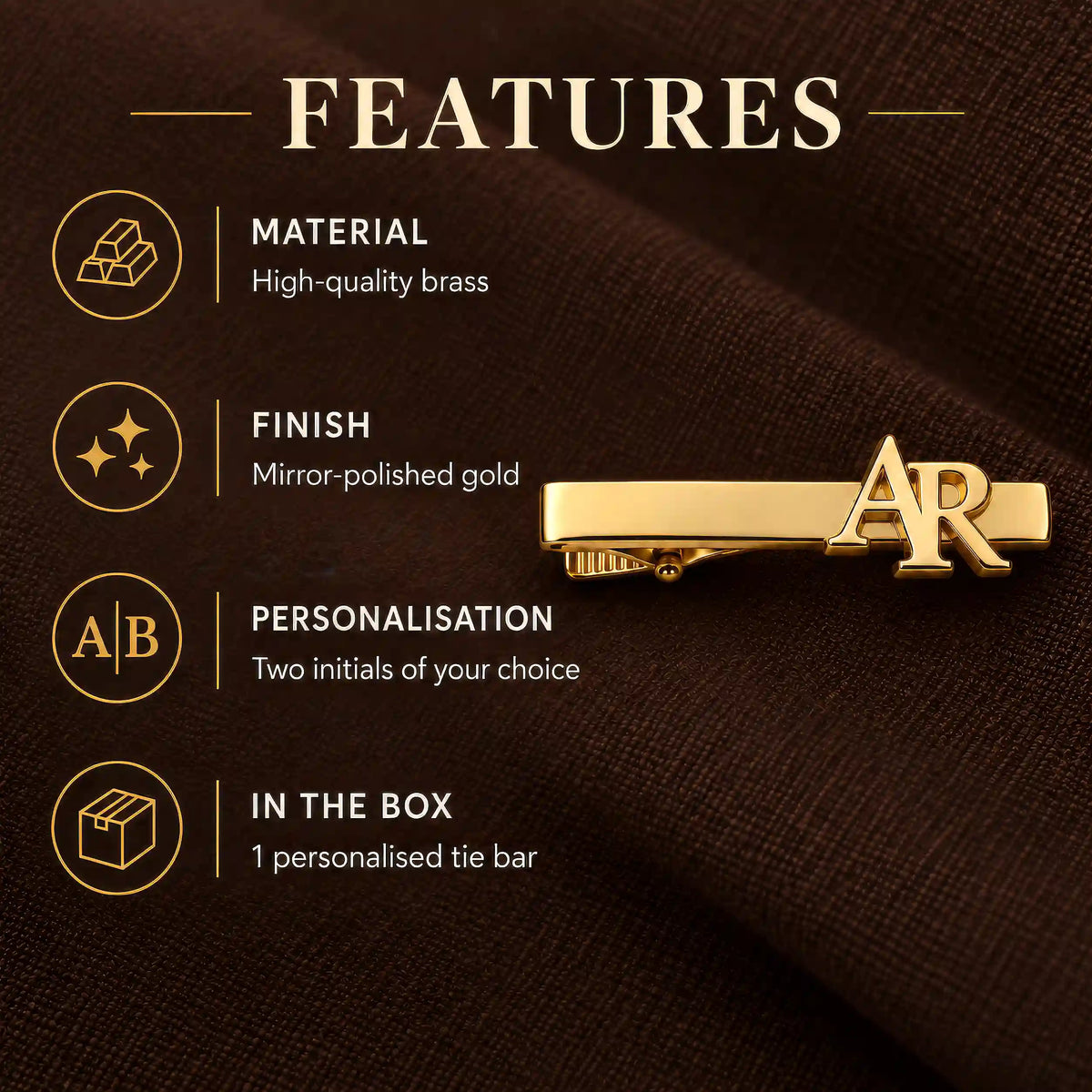 Personalised gold tone two initial monogram tie pin — material and finish details
