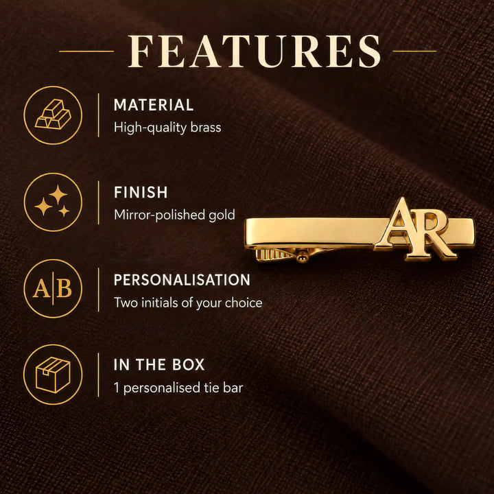 Personalised gold tone two initial monogram tie pin — material and finish details