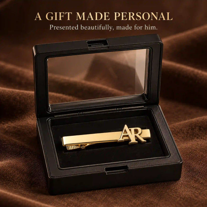 Personalised gold tone two initial monogram tie pin — gift presentation