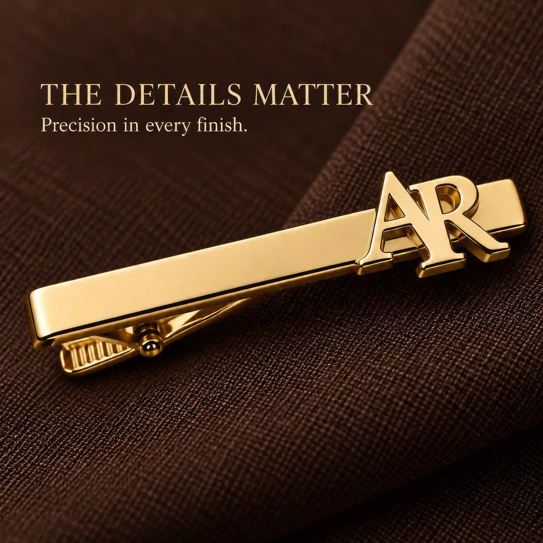Personalised gold tone two initial monogram tie pin — clip detail
