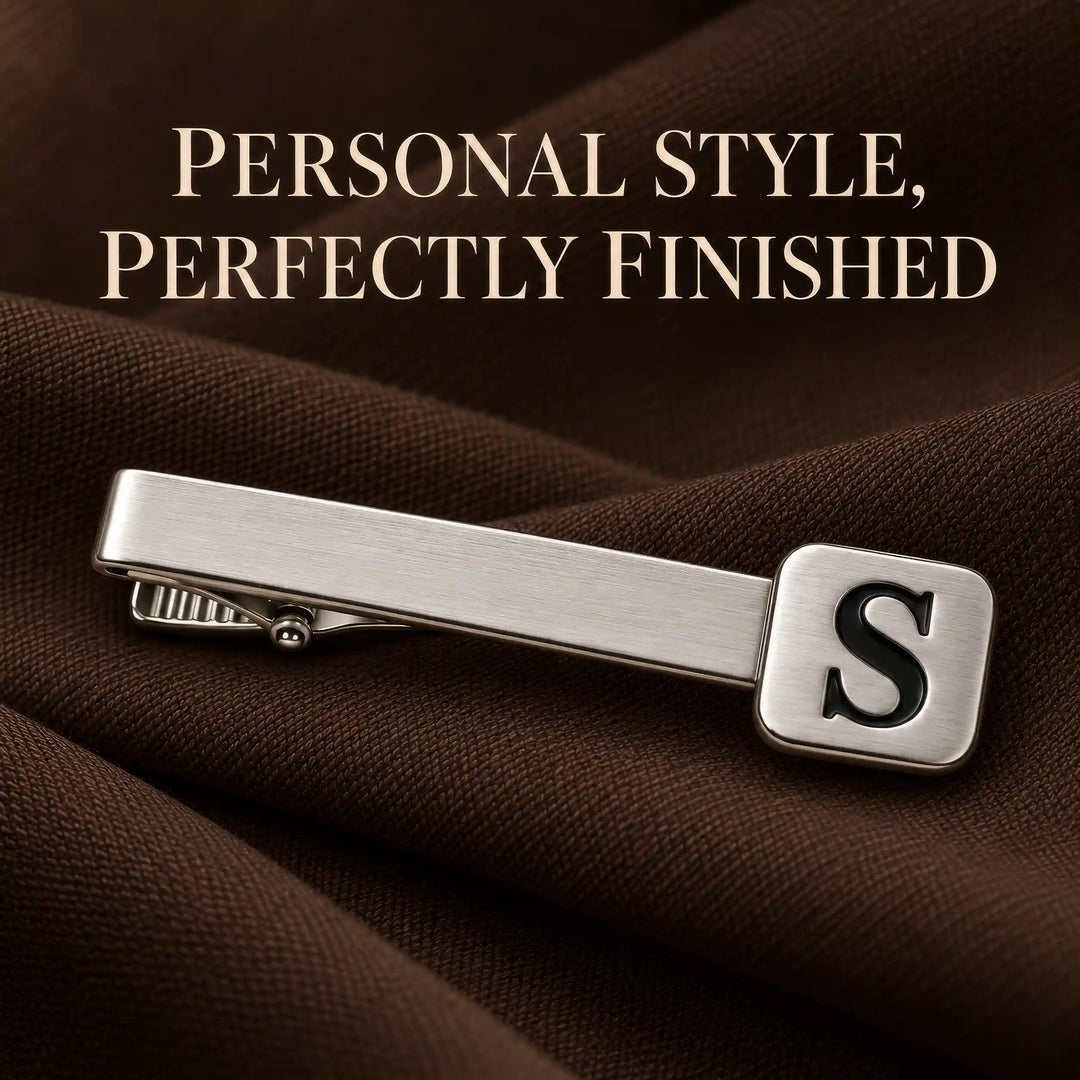 Personalised brushed silver tone single initial tie pin — front view