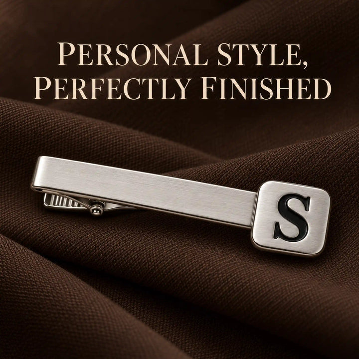 Personalised brushed silver tone single initial tie pin — front view