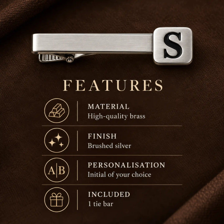 Personalised brushed silver tone single initial tie pin — material and finish details