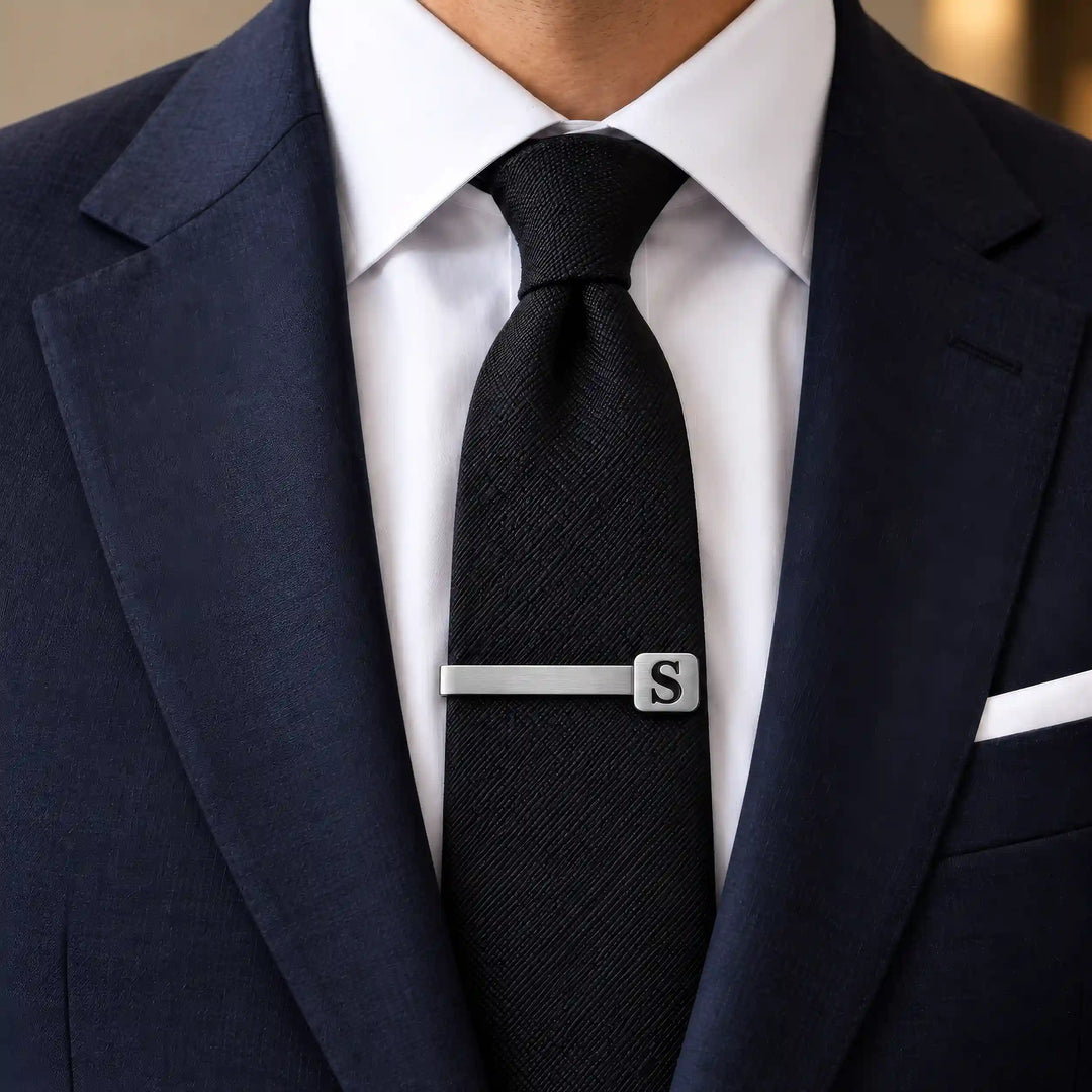 Personalised brushed silver tone single initial tie pin — worn on a tie