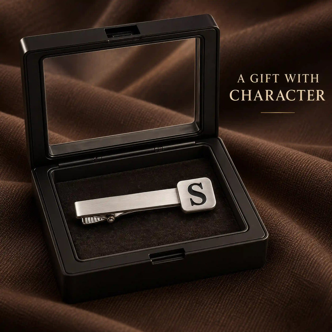 Personalised brushed silver tone single initial tie pin — gift presentation