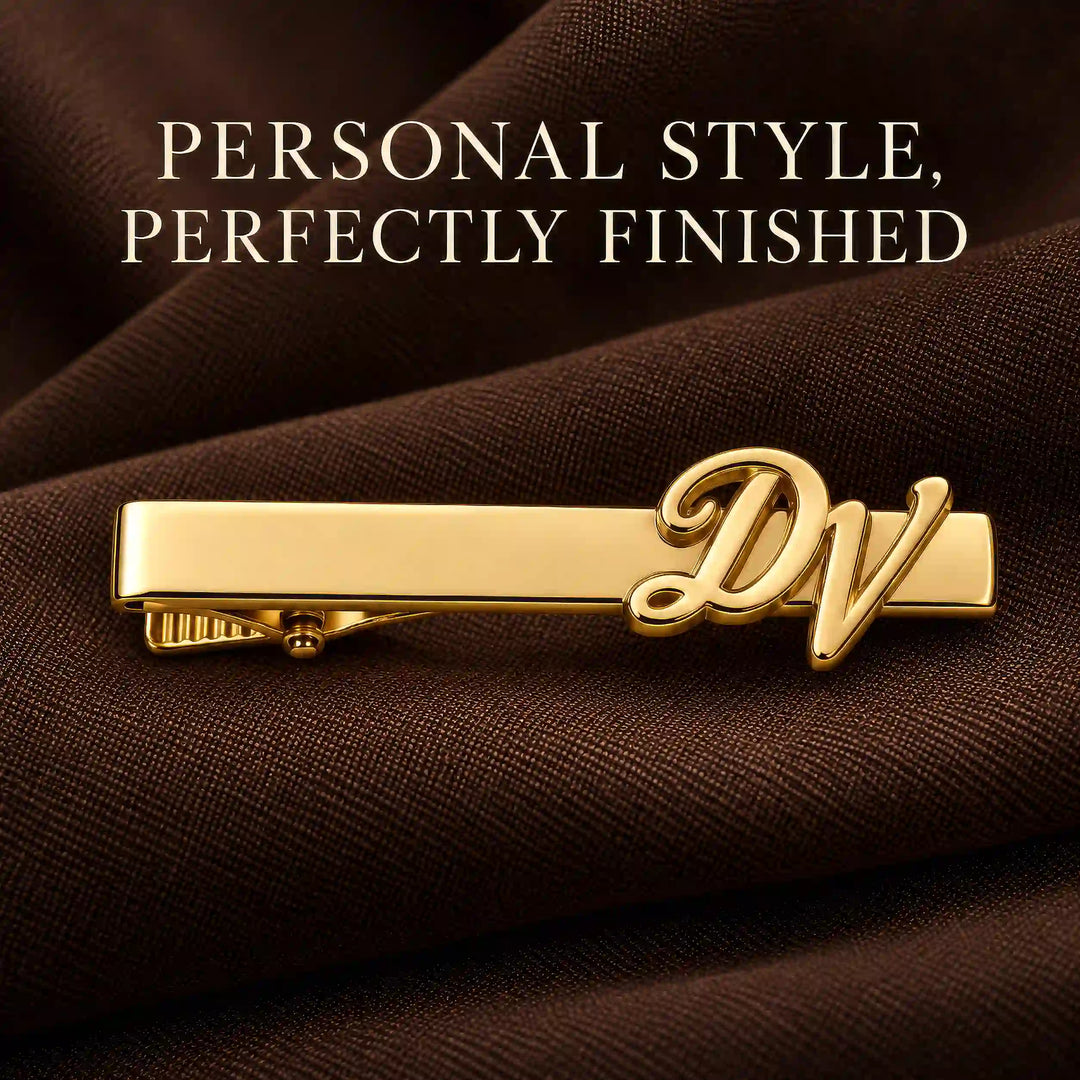 Personalised gold tone script two initial tie pin — front view