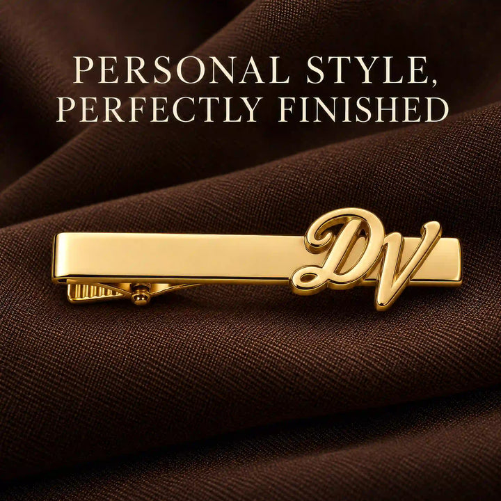 Personalised gold tone script two initial tie pin — front view