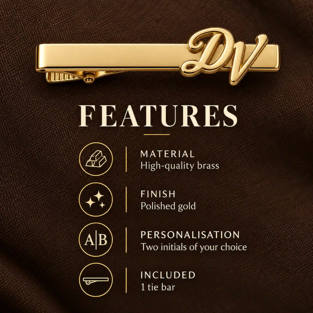 Personalised gold tone script two initial tie pin — material and finish details