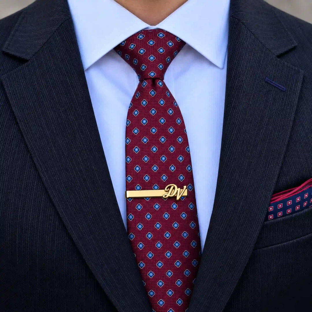 Personalised gold tone script two initial tie pin — worn on a tie
