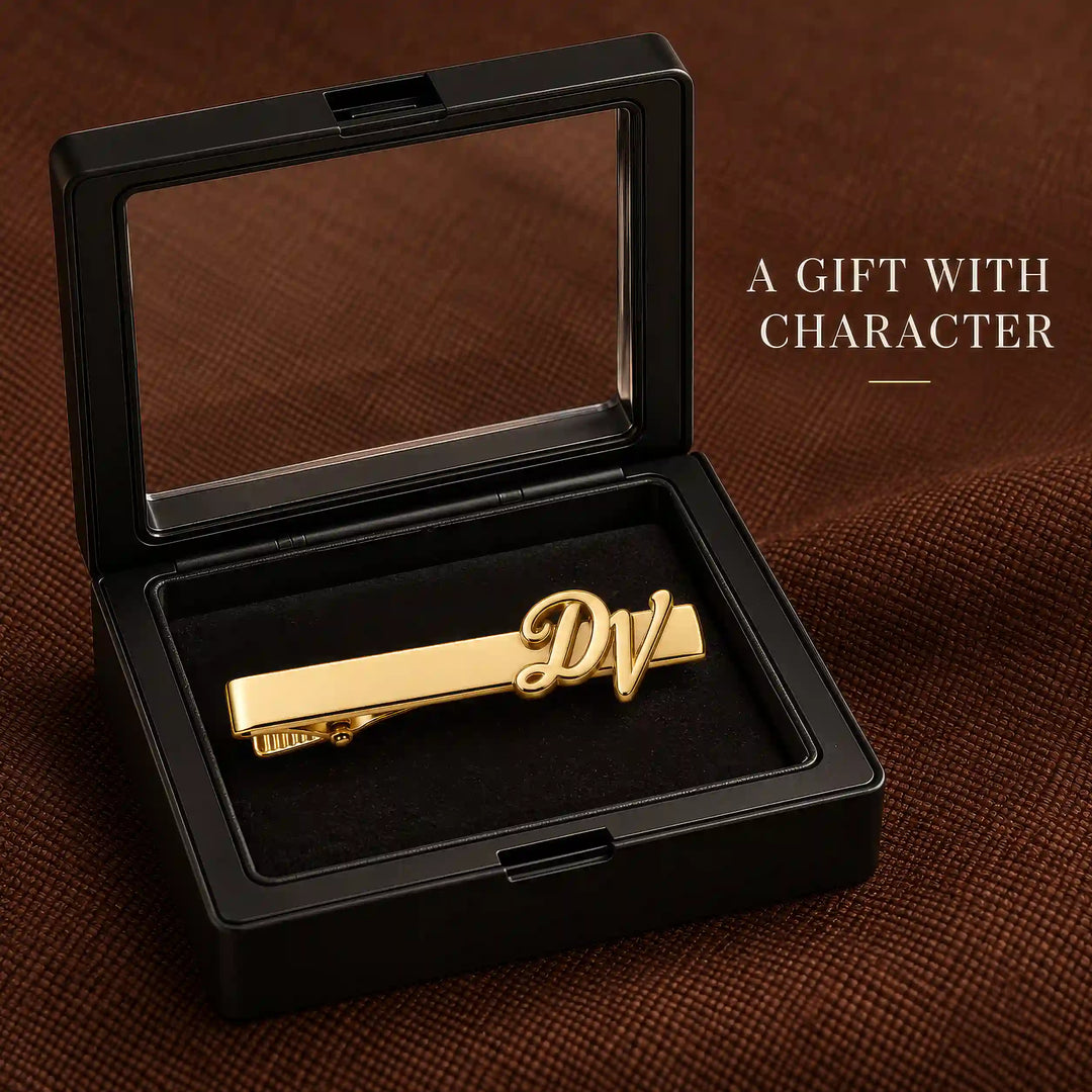 Personalised gold tone script two initial tie pin — gift presentation