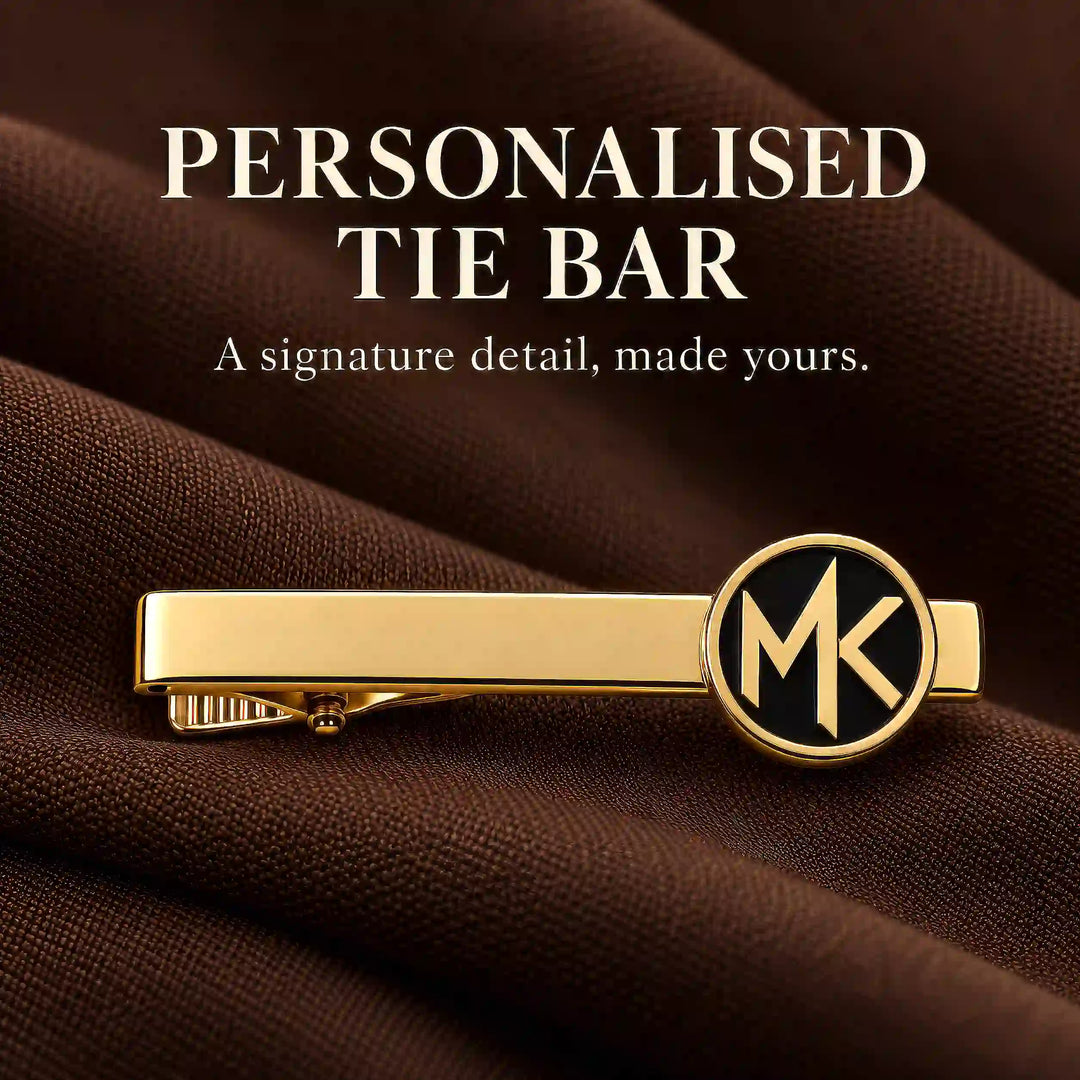 Personalised gold tone circular two initial tie pin — front view