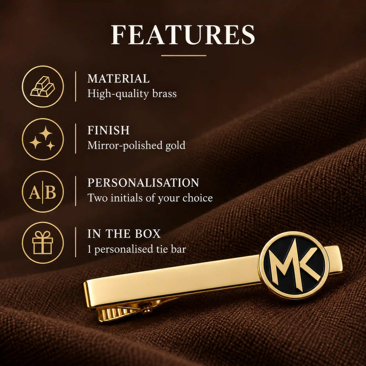 Personalised gold tone circular two initial tie pin — features