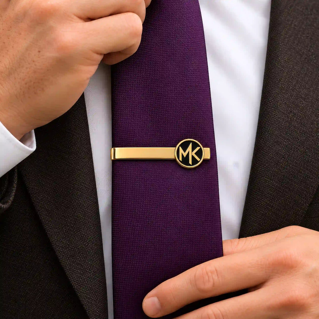 Personalised gold tone circular two initial tie pin — worn on a tie
