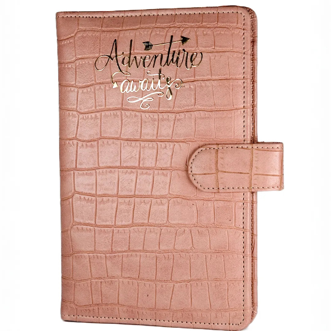 Salmon Pink crocodile texture travel organiser wallet  with 'Adventure Awaits' text on a white background - TPC Gifts