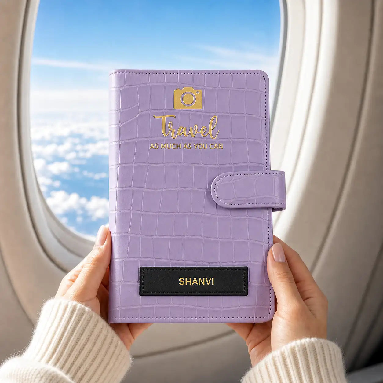 Purple croco travel wallet with 'Travel as much as you can' text held by a person in front of an airplane window - TPC Gifts