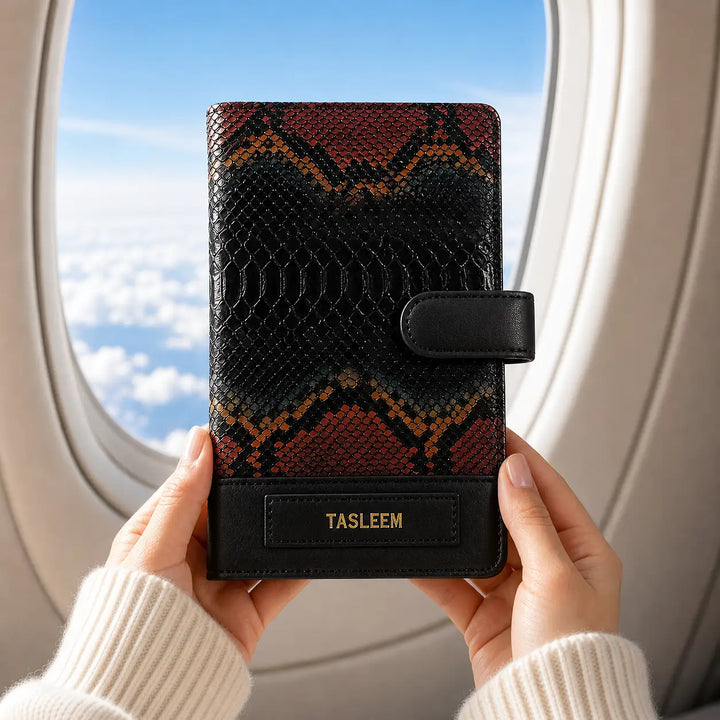 Person holding a patterned genuine leather black travel organiser wallet with &