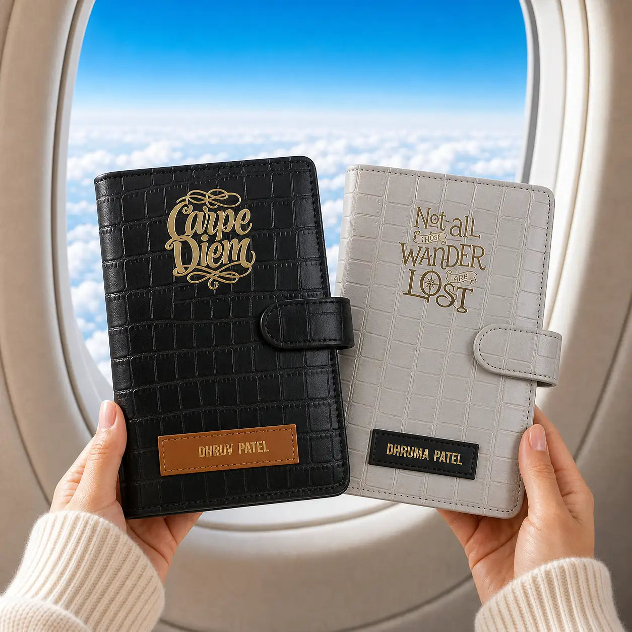 Two passport holders, one black and one gray, held by a person with airplane window in the background - TPC Gifts