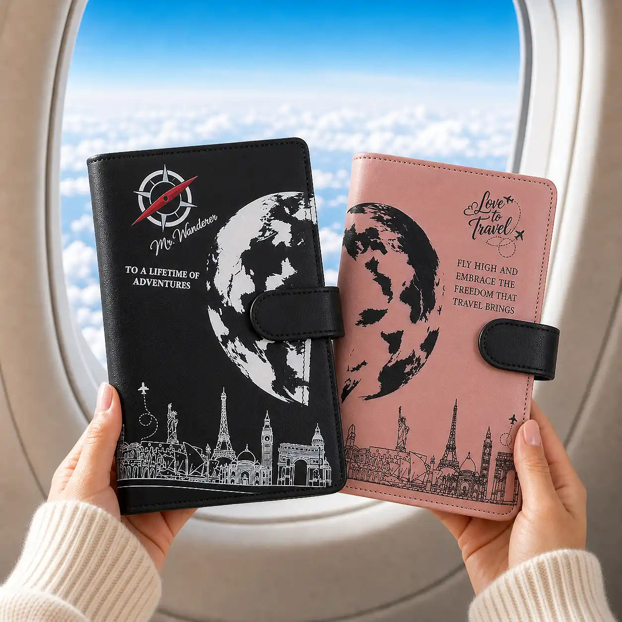 Two travel-themed travel organiser held in front of an airplane window with a view of clouds - TPC Gifts