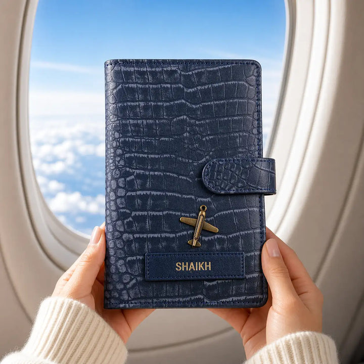 Blue textured genuine leather  travel wallet holder with &