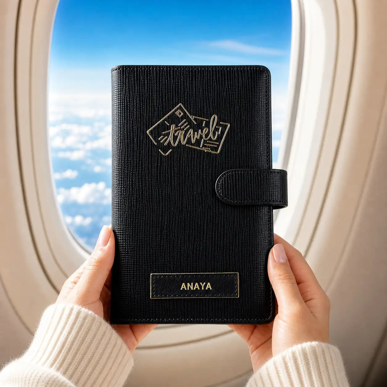 Black lizard texture travel organiser held by hands with airplane window view- TPC Gifts