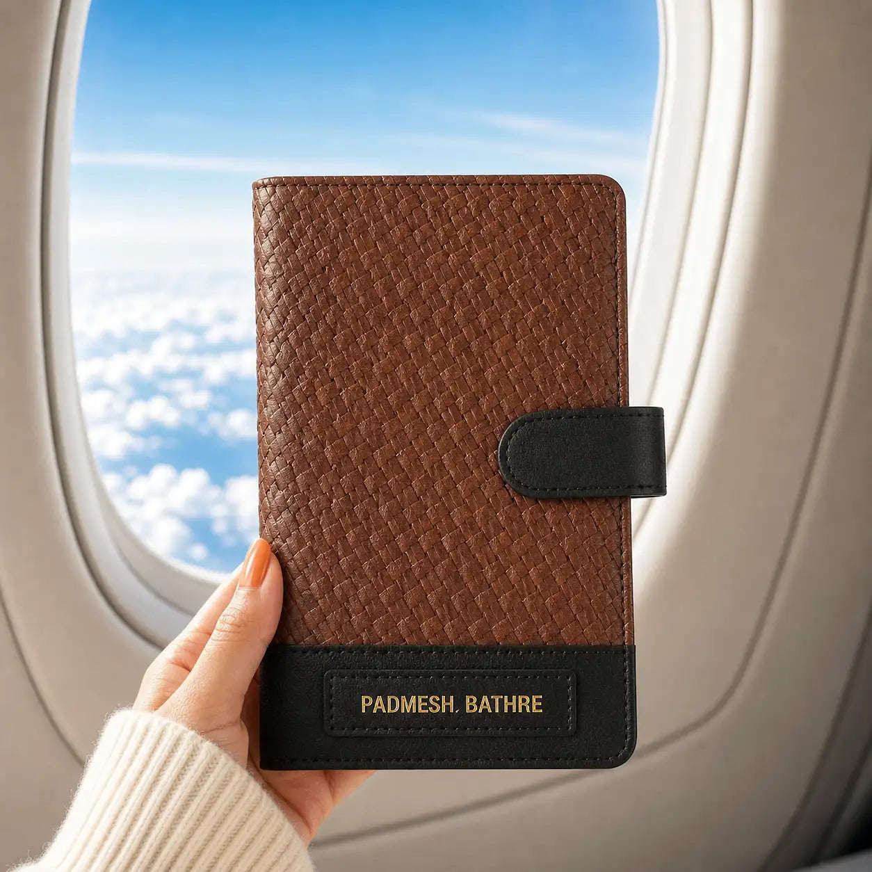 Brown weave textured travel organiser holder with black accent held in front of an airplane window showing clouds- TPC Gifts