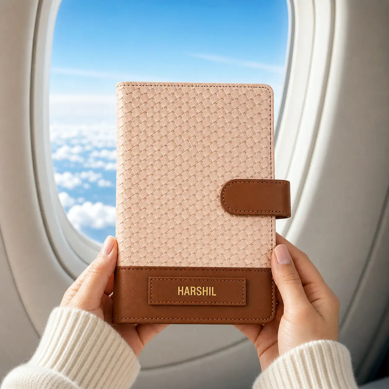 Beige and brown woven travel organizer held in front of an airplane window with a blue sky view- TPC Gifts
