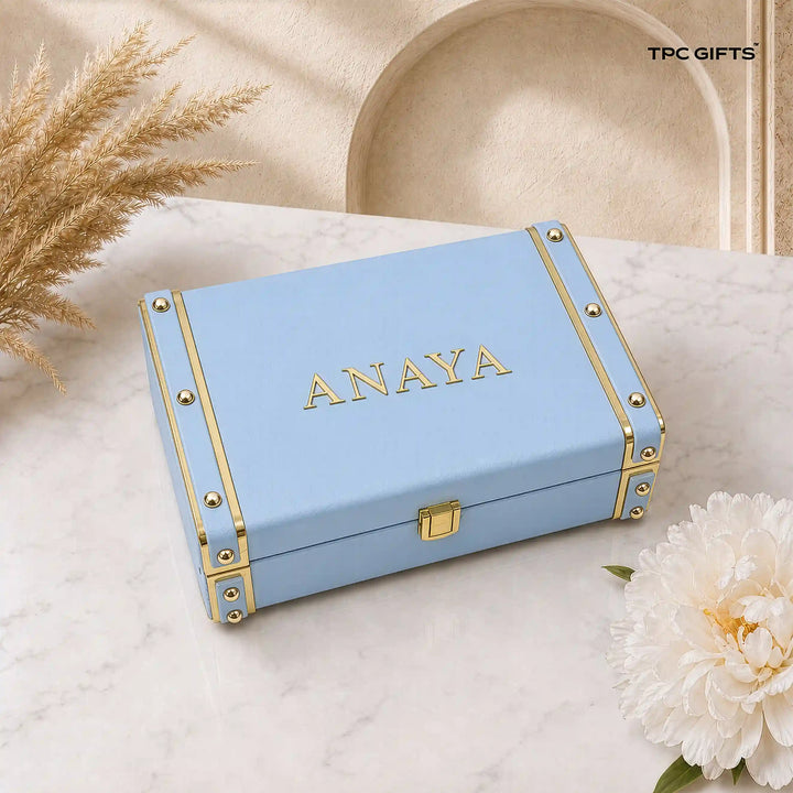 Personalised Classic Vegan Leather Trunk Box — Powder Blue