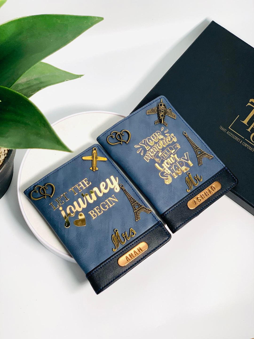 Personalised Couple Passport Cover - Blue &amp; Black Dual Tone