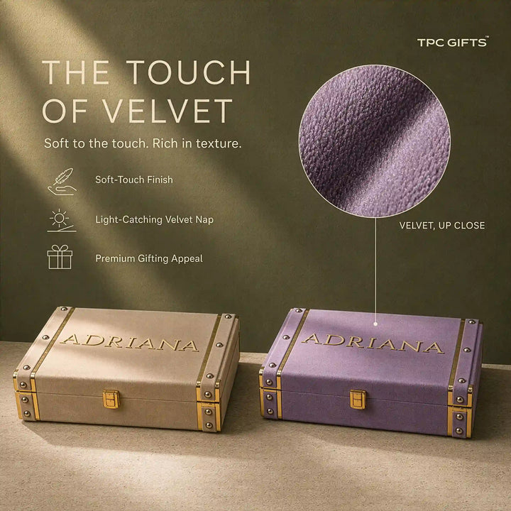 Two velvet gift boxes with metallic trim, one champagne gold and one lavender purple, both embossed with the name &