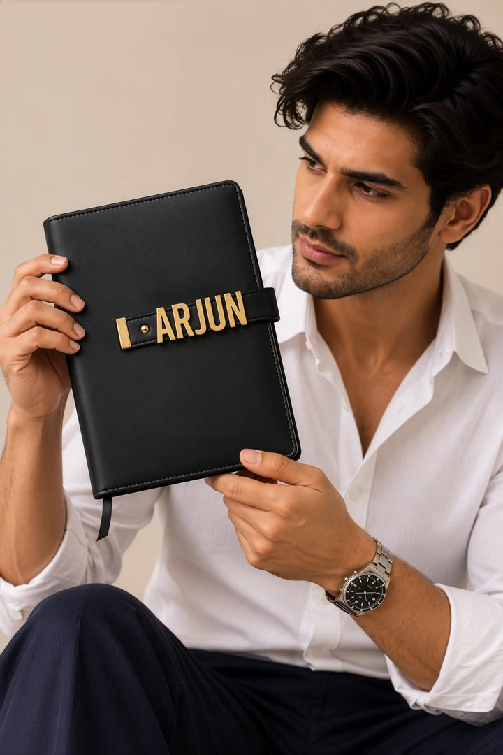 The Letter Diary – Personalised A5 Diary with Gold Metal Letters, Refillable Vegan Leather Cover | Black &amp; Beige