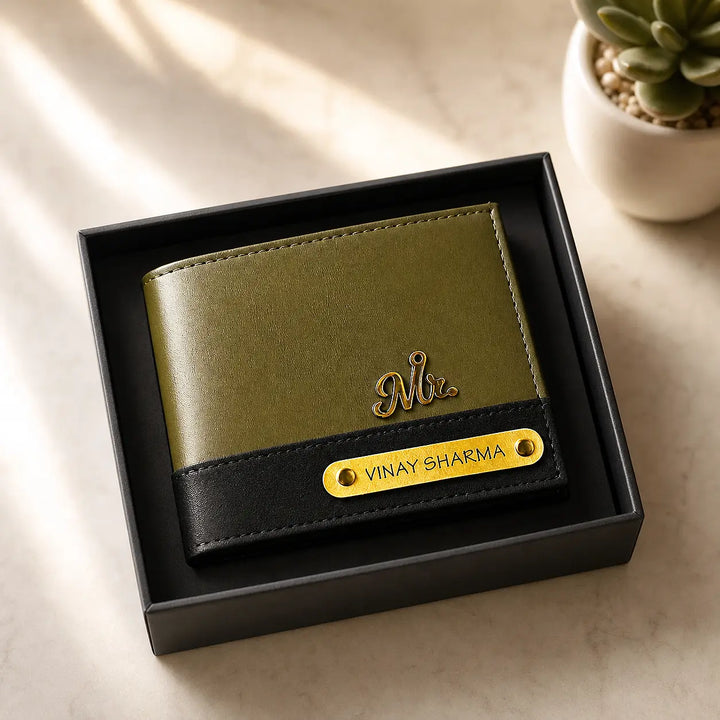 Green and black wallet with personalized nameplate in a box on a light surface by tpc gifts personalized wallet for men