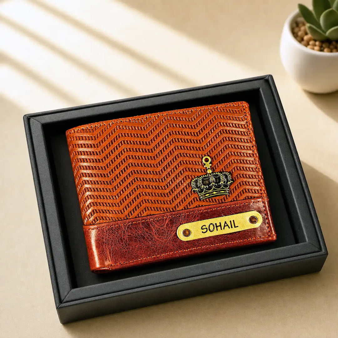 Personalized Caramel Zig - Zag Genuine Leather Mens Wallet