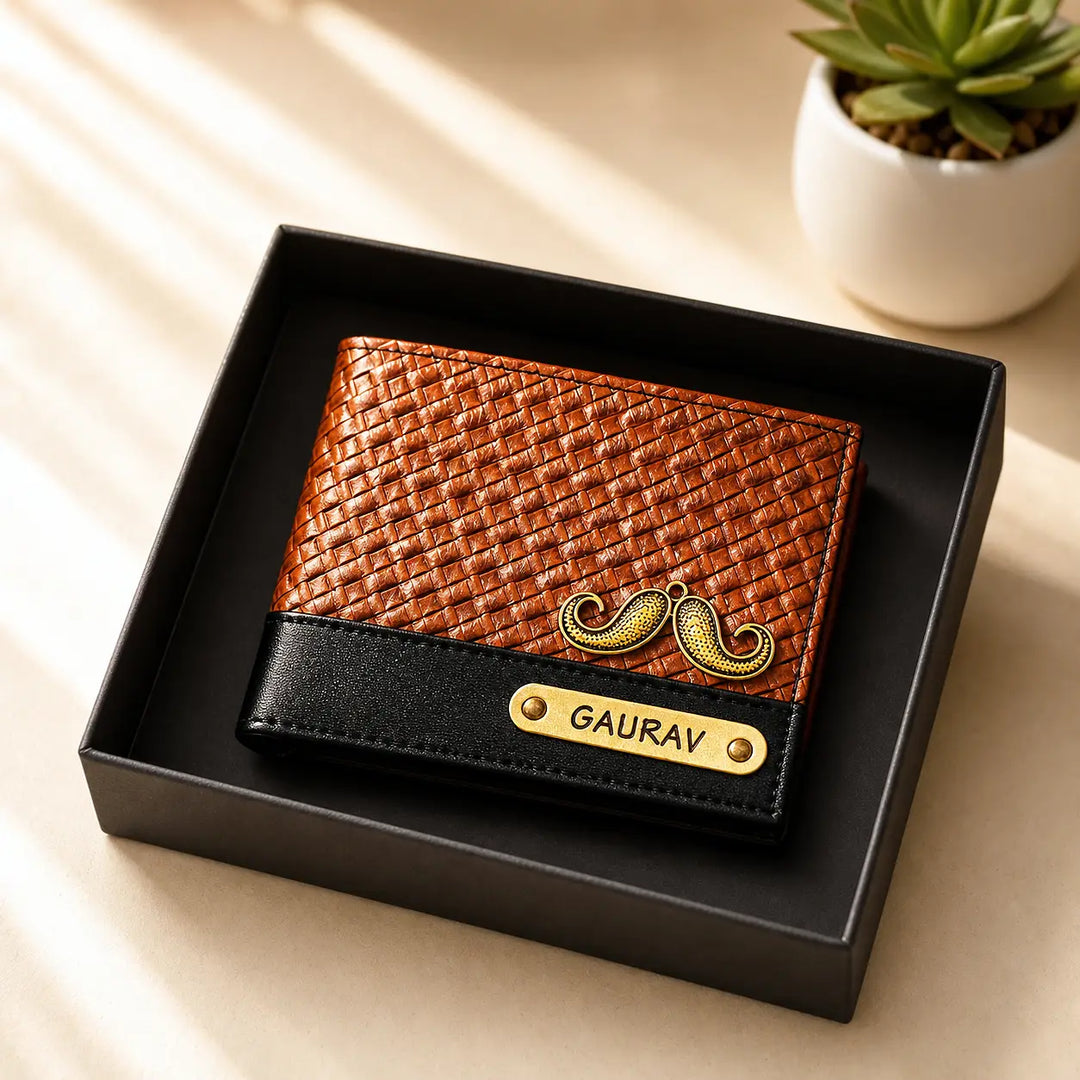 Brown leather wallet with black accent and &