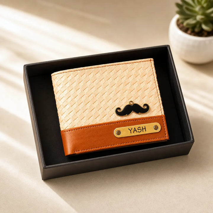 Beige and brown wallet with mustache emblem and &