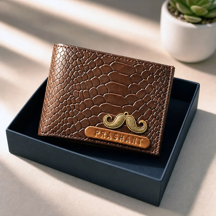 Brown textured wallet with a mustache design and &