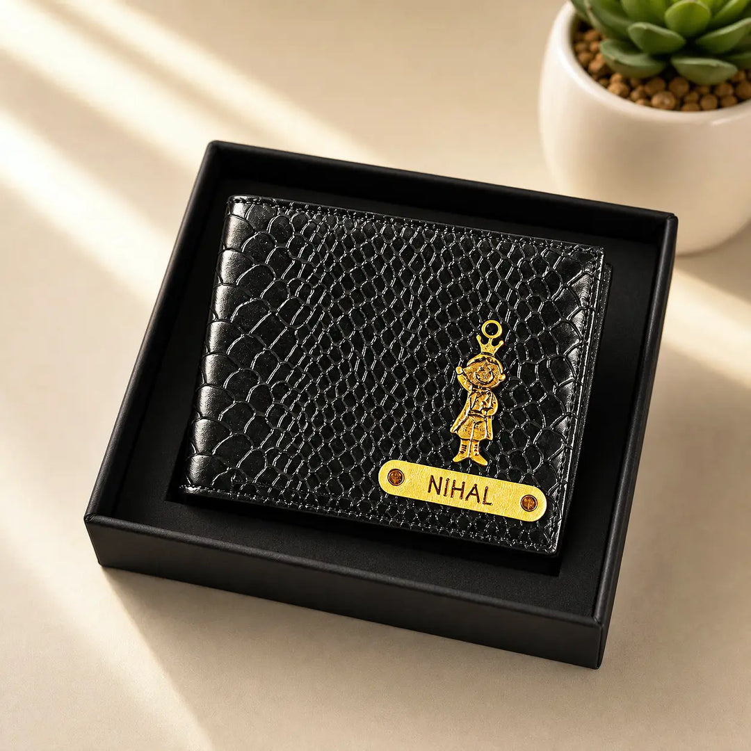 Personalized Men’s Textured Black Wallet with Free Charm