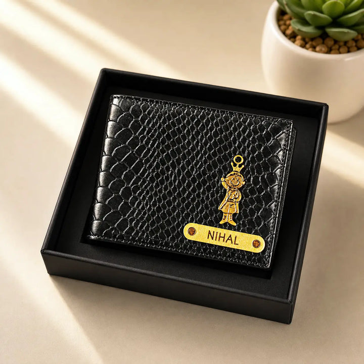 Personalized Men’s Textured Black Wallet with Free Charm