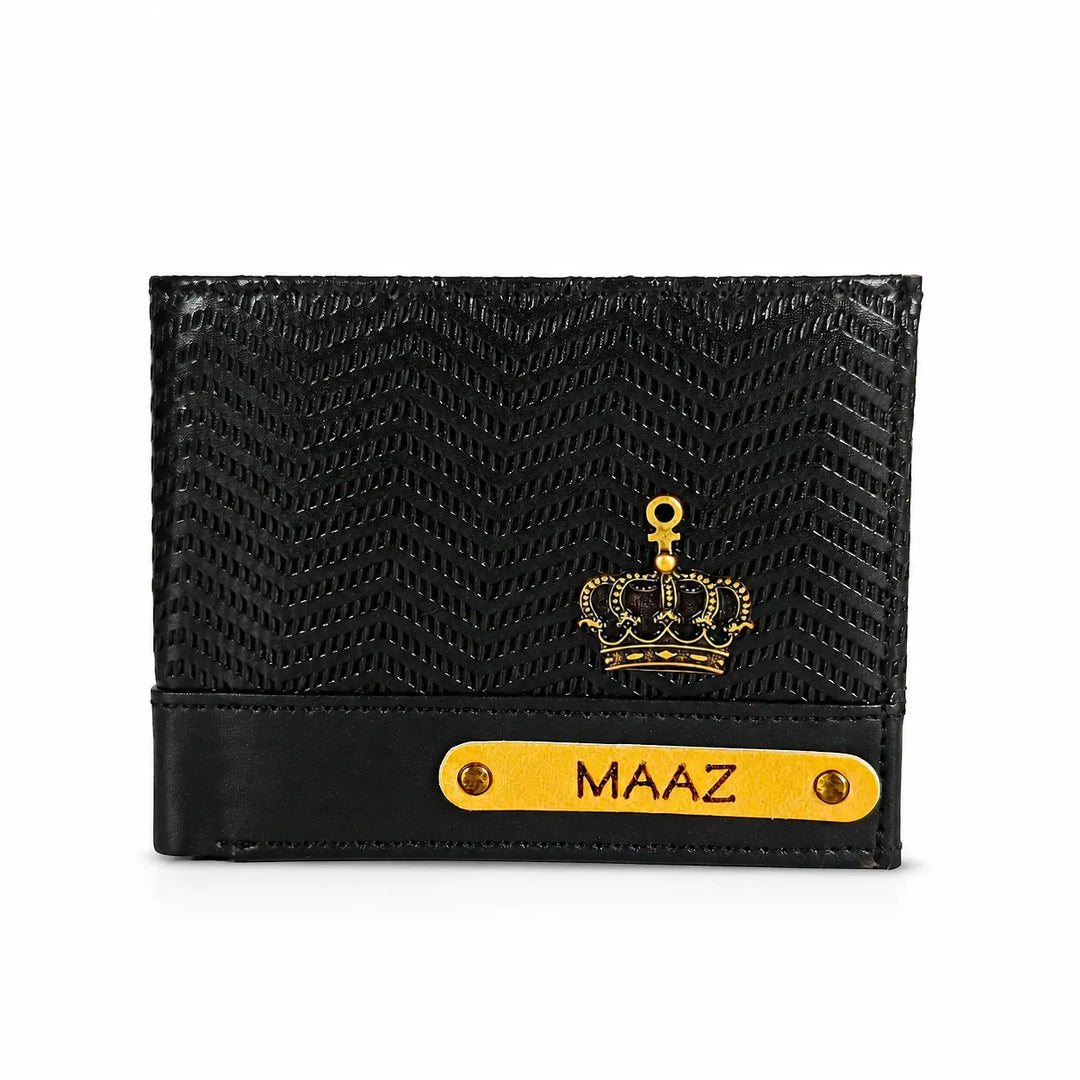Personalized Black Zig - Zag  Genuine Leather Mens Wallet