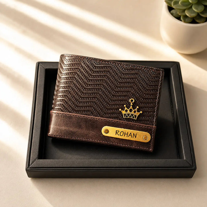 Coffee Zig - Zag Wave Genuine Leather Mens Wallet