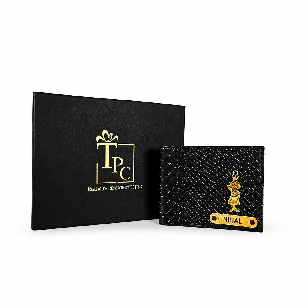 Personalized Men’s Textured Black Wallet with Free Charm
